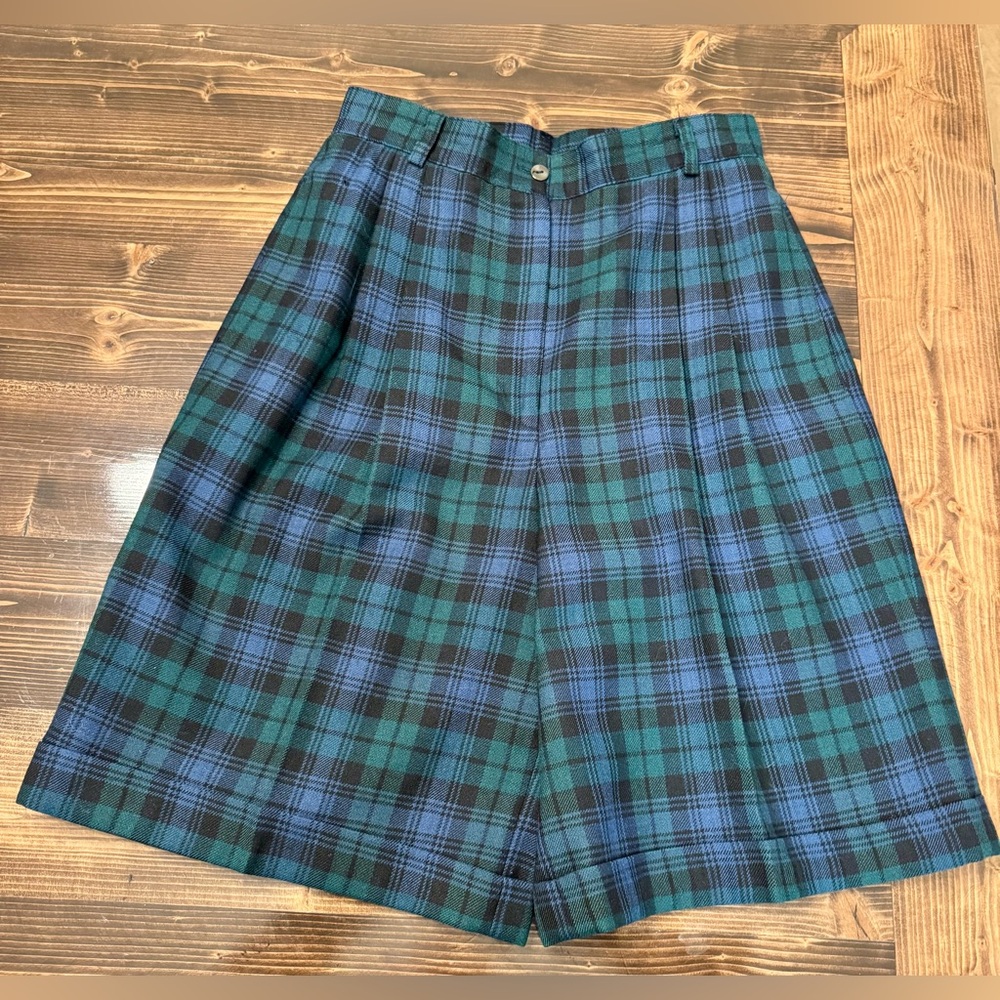Vintage Talbots High Waisted Blue &‎ Green Plaid Wool Walking Shorts